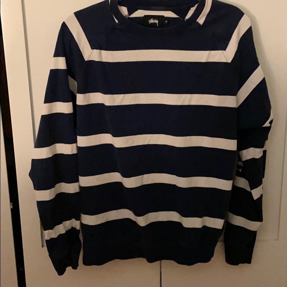 trendy stussy striped shirt with pink logo on side